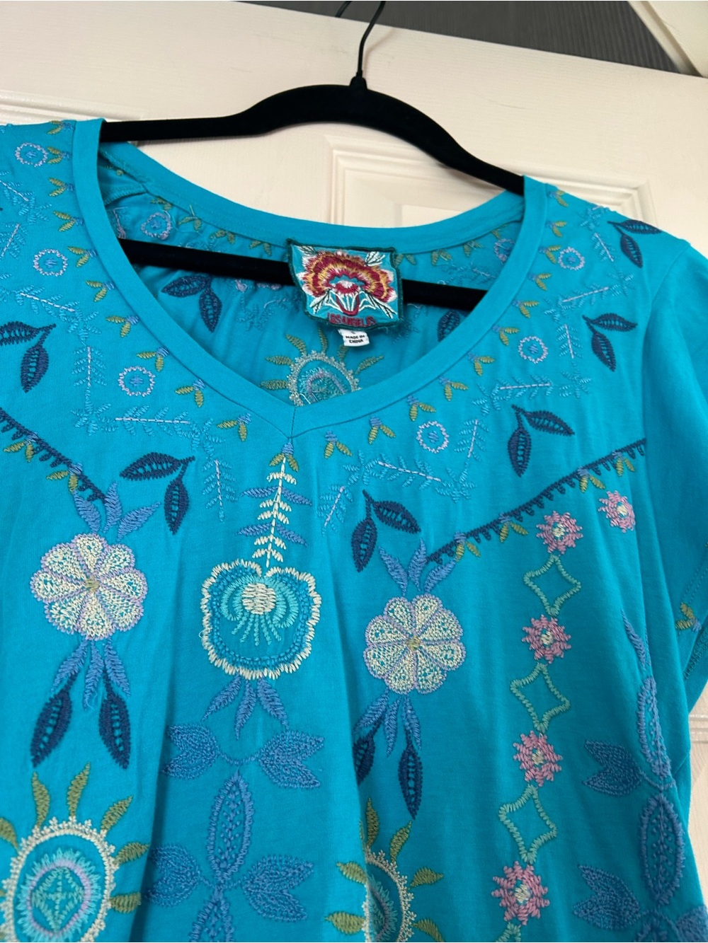 Johnny Was Turquoise Embroidered V-Neck Flutter Sleeve Tee - Picture 5 of 6